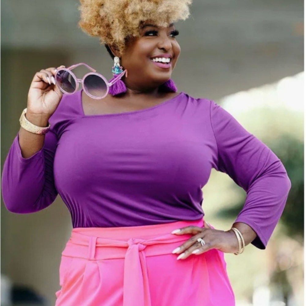 Shavonne Dorsey Purple Asymmetrical Neck Blouse Top Long Sleeve Size Large NWT